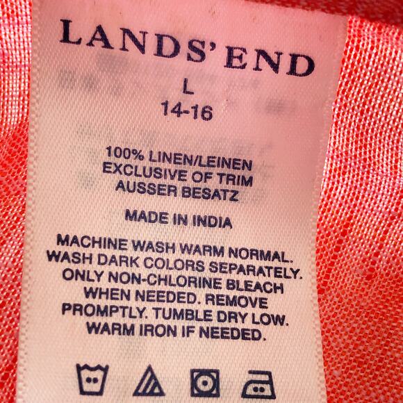 Lands End Linen Top Large Button Front Long Sleeve 14 16 Orange V Neck - Picture 3 of 4